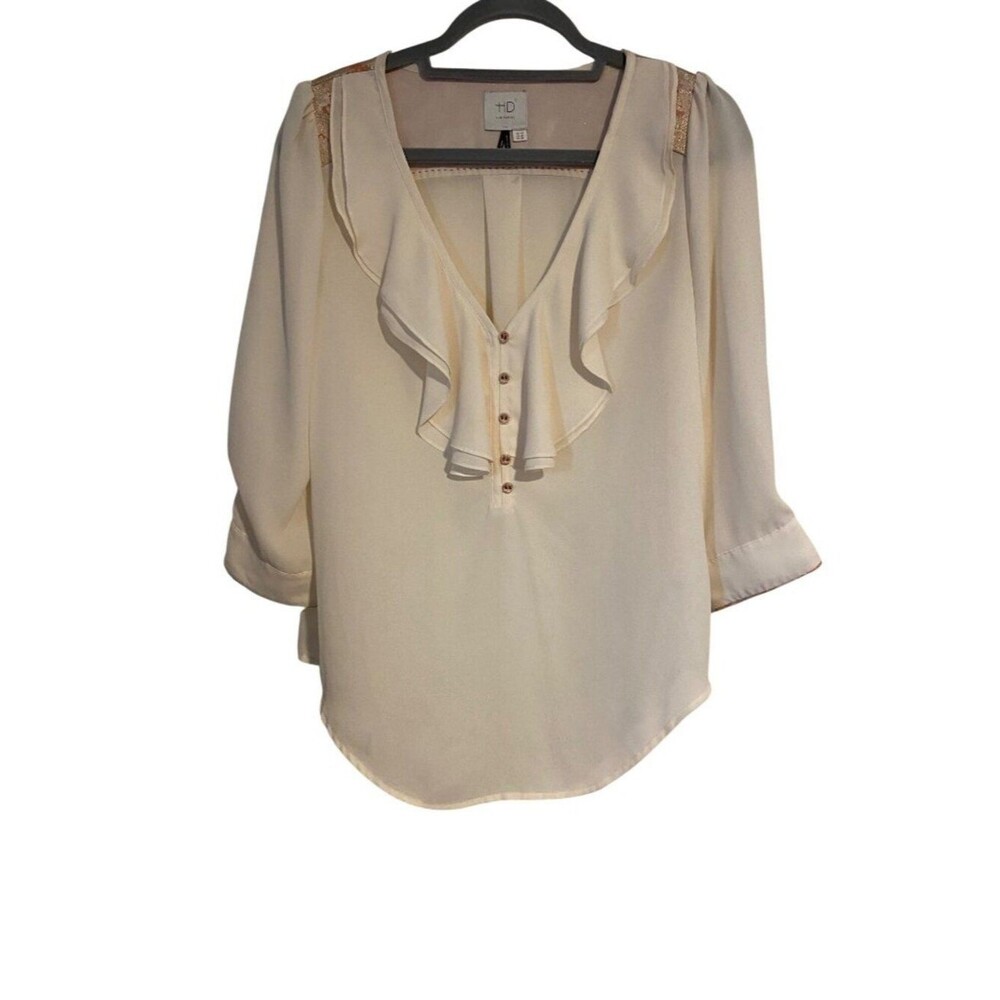 HD In Paris Women's Size 6 Cream Blouse Ruffle Front 3/4 Sleeves Preppy Office